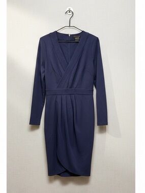 Donna Karan Navy Blue Long Sleeve Faux-Wrap Tulip Dress - Size 10